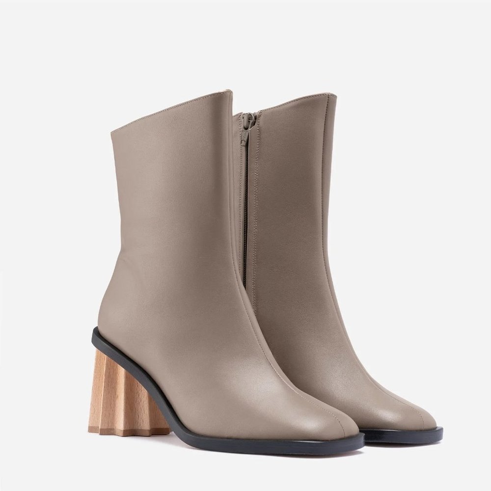 Taupe Leather Ankle Boots with Sculpted Wood Heel